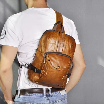 

2020 New Men Quality Leather Casual Fashion Chest Sling Bag 8" Tablet Design Travel One Shoulder Bag Cross body Bag Male 3028-lb