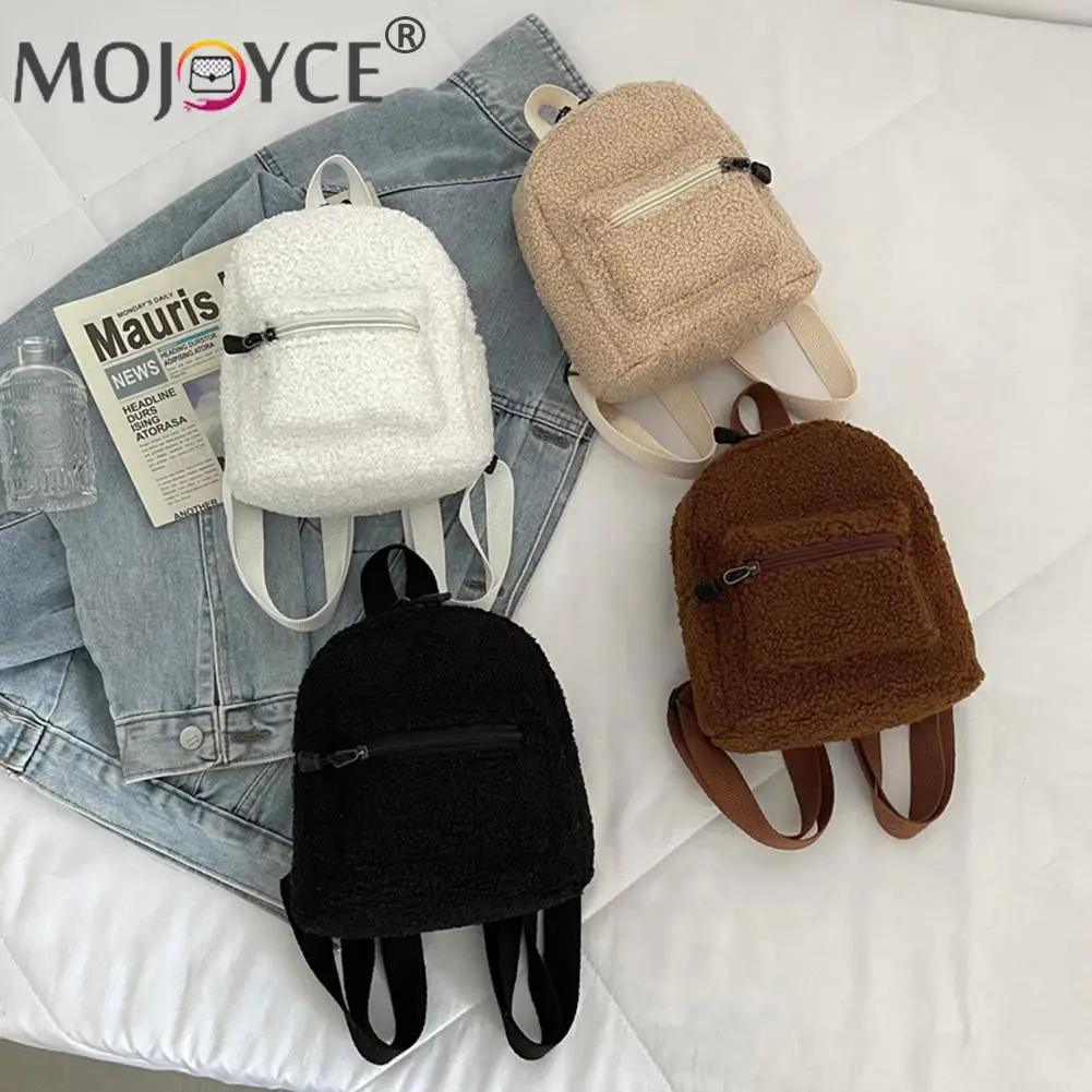 Mochila de lana de cordero mujer, Mini mochila informal con cremallera que todo, moda de otoño e invierno, Color sólido - AliExpress