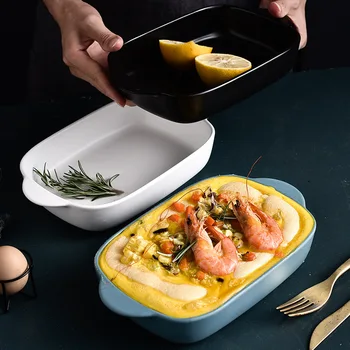 

New Matte Rectangular Binaural Porcelain Household Dinner Dish Baked Cheese Pasta Bowl oven safe Eco-friendly Dinnerware