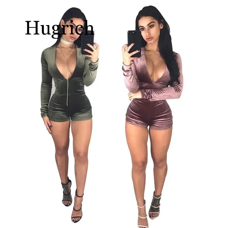 

2020 New fashion velvet bodysuit women deep v-neck sexy short casual regular jumpsuit longsleeve winter clothing romper