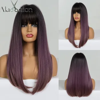 

ALAN EATON Long Straight Wig with Bangs Black Lilac Purple Brown Ombre Synthetic Hair Wigs for Woman Heat Resistant Cosplay Wigs