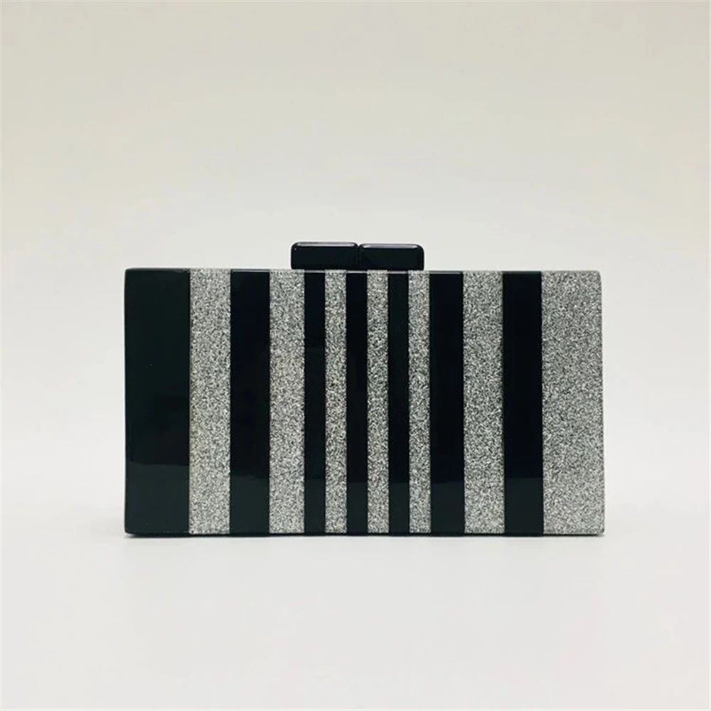 19Brand designer stylish new vertical shape striped evening bag classical black silver acrylic clutch purse cute causal handbags