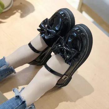 

Japanese Lolita Platform Shoes Cute Bowknot Round head Doll Shoes Harajuku Sweet PU Flat Soft Sister Small leather Shoes Cosplay