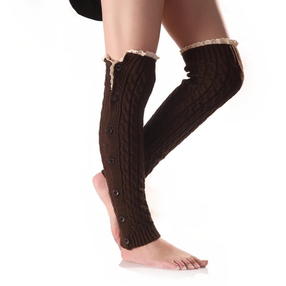 2 Pairs New Women Solid Knit Winter Warm Button Lace Ladies Leg Warmers Knee High Leg Girls Soft Warm Knitted Boot Cuffs Socks - Цвет: Коричневый