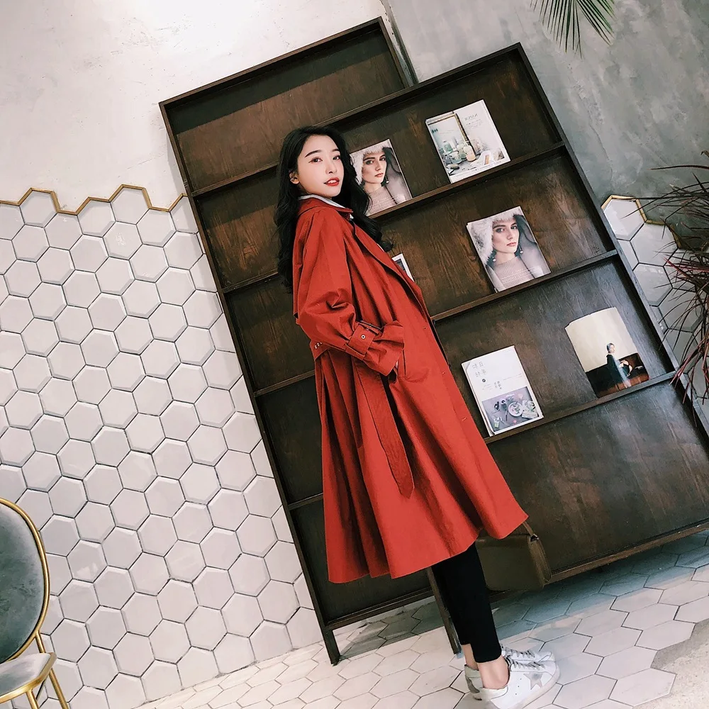 

2018 Autumn New Style WOMEN'S Dress-Style Retro Laziness-Style Lace-up Waist Hugging Slimming Single-Breasted Trench Coat