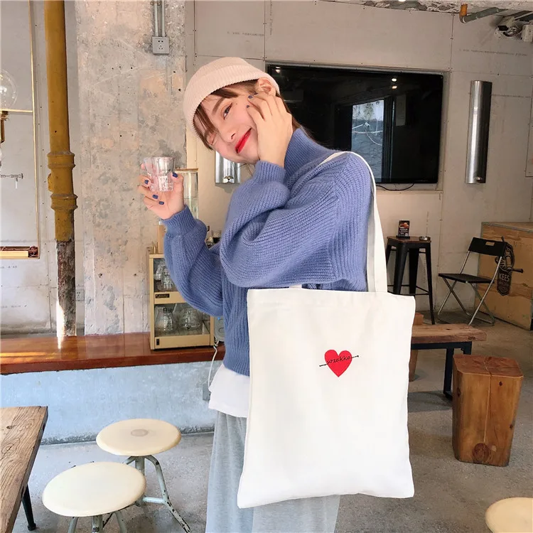 

Simple Canvas Handbags for Women 2020 Fashion Designer Heart Girls Book Shoulder Bags Large Capacity Ladies Travel Shopping Bags