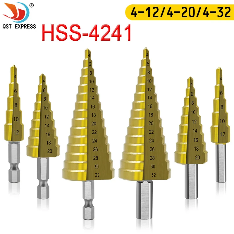 3pcs / set 3-12mm 4-12mm 4-20mm HSS Straight Groove Step Drill Bit Titanium Coated Wood Metal Hole Cutter Core Drilling Tool Set