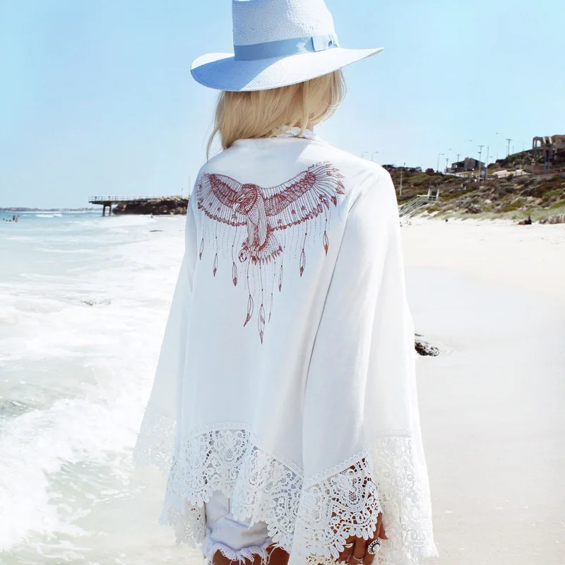 Happie Queens Women Print Lace Splicing Bohemian White Short Kimono Robe Ladies V-neck Batwing Sleeves Boho Bikini Cover-ups 1