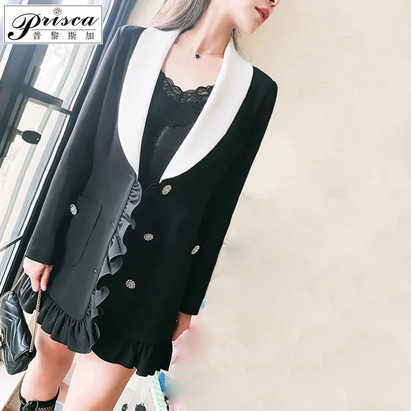 

New Professional Suit Jacket Female Black White Collar Long Sleeve Blouse Autumn and Winter Black and White