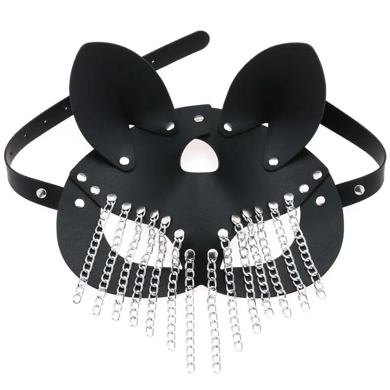 Women Sexy Mask Blindfold Tassels Chains Half face fox Cosplay Pu Leather Mask Halloween Party Masquerade Ball Masks Punk Collar