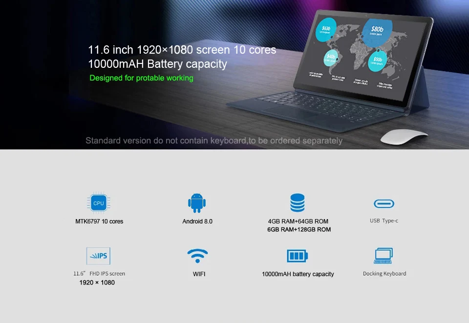 2 в 1 планшетный ПК ноутбук 11,6 'ips Android планшет 10 ядерный kx20 8 Гб ram 256 ГБ SSD 13,0 МП type-C с клавиатурой