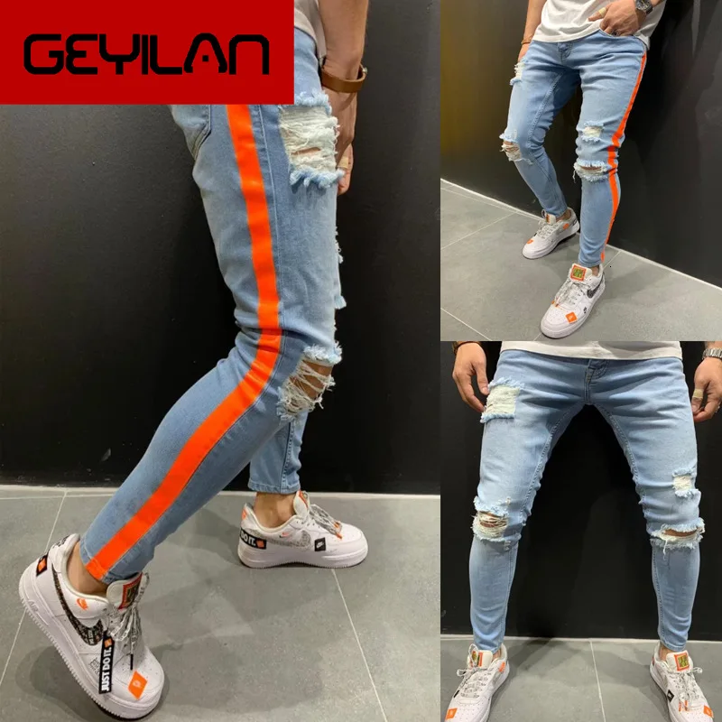 

Mens Side Stripe Skinny Pencil Jeans Ripped Destroyed Denim Pants Streetwear Slim Blue Jeans Man Stretch Jeansy Plus Size S-3XL