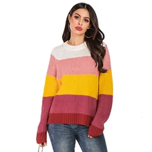 Fashion Round Neck Striped Women Sweater Autumn Winter Casual Knitted Pullovers Contrast Color Ladies Jumpers 2020 Jersey Mujer Fashion Round Neck Striped Women Sweater Autumn Winter Casual Knitted Pullovers Contrast Color Ladies Jumpers 2020 Jersey Mujer