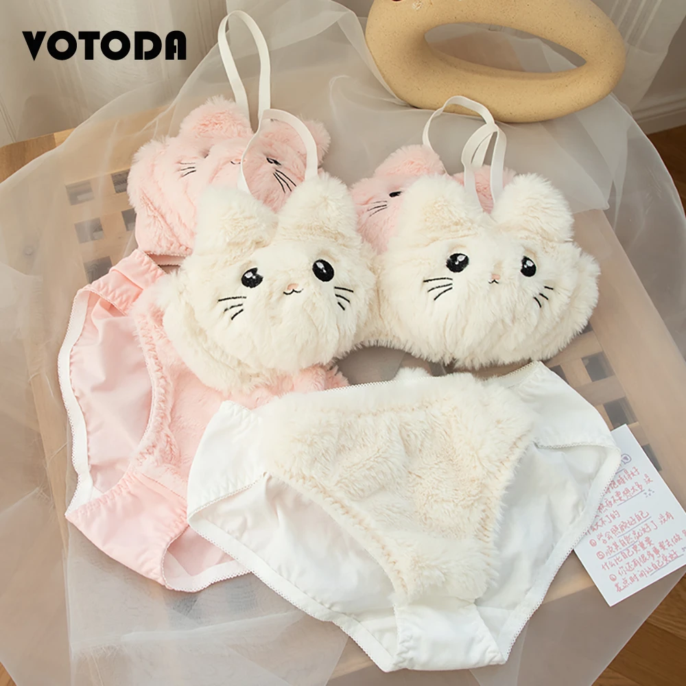 bra and underwear set Girl Sweet Cute Cat Wire Free Comfortable Bra Set Cartoon Animie Underwear Suit Sexy Lace Plush Emroidery Women Lingerie Brifes white underwear set