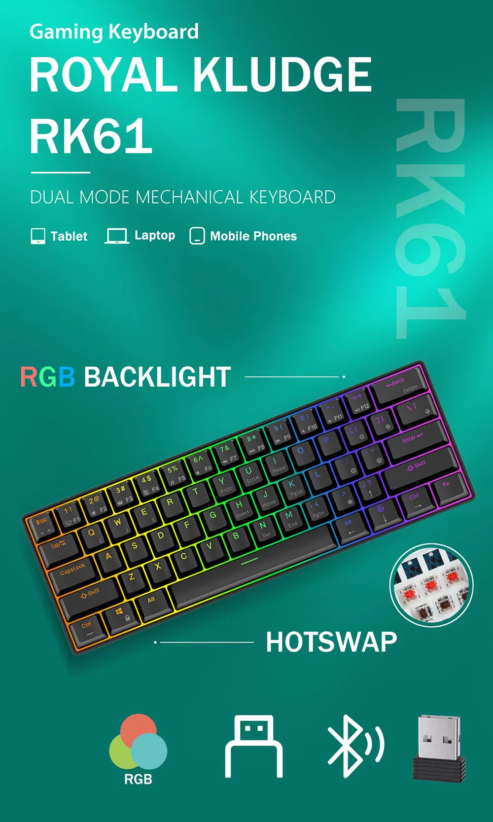 RK61 Tri-Mode Version Wireless Mechanical Keyboard 2.4G Bluetooth USB Wired Gaming Keyboard 61 Keys Hot Swappable RGB Backlight mini keyboard pc