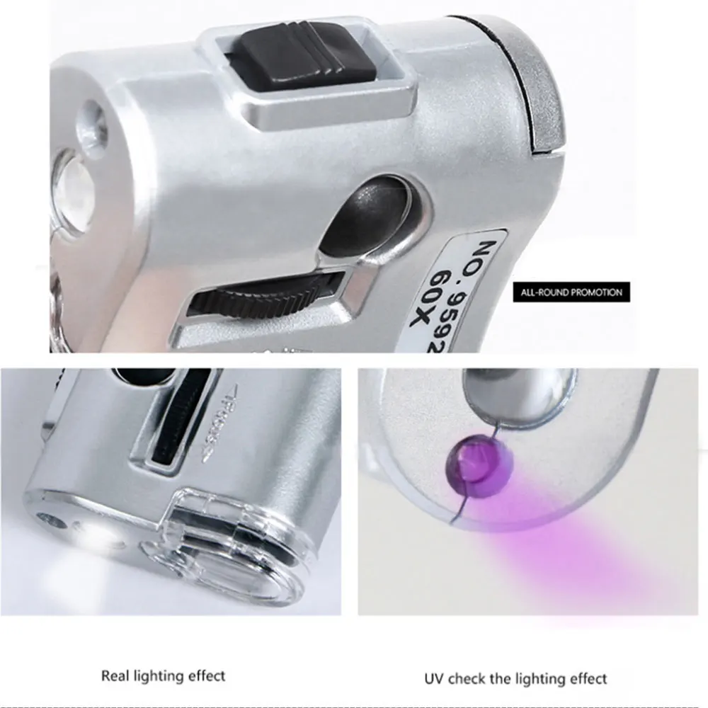 Creative 9592 Microscope Macro Lens Magnifier Loupe Illumination Portable Currency Detector Magnifying Durable Silver 60X