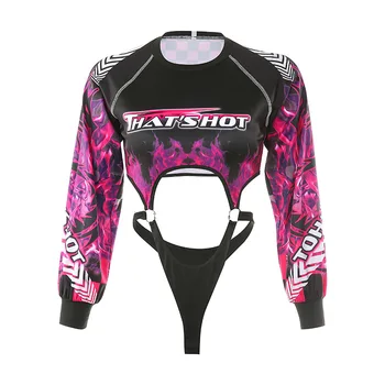 

Sexy Hollow Out Flame Print Bodysuit Women Long Sleeve Streetwear Bodysuits 2019 Bodycon O-neck Bodysuits
