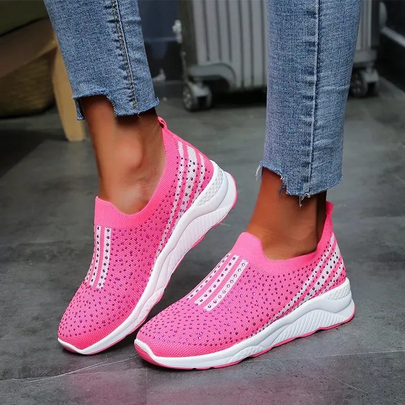 Lucyever de cristal brillante zapatos planos para las mujeres primavera otoño transpirable zapatos de fondo blando mujer de talla grande antideslizante en zapatillas de deporte Casuales