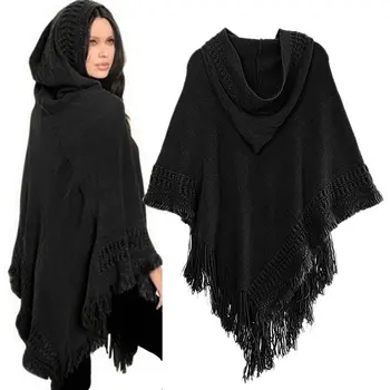 

Women Cloak Hooded Sweaters Knit Batwing Top Poncho With Hood Cape Coat Tassel Pullover Sweater Loose Outwears