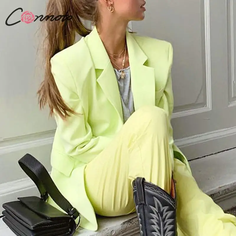 Conmoto/осень-зима, модный Женский блейзер с карманами, однотонные зеленые куртки-блейзеры, винтажное женское повседневное пальто