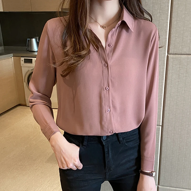 

Womens Tops Solid White Chiffon Blouse Office Blusas Mujer De Moda Long Sleeve Shirts Clothes