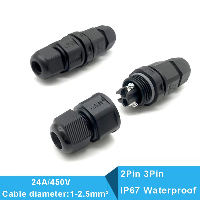 

1pc 2pin 3pin Cable Waterproof Connector IP67 450V 24A Male Female Outdoor Led Light Cable Connectors Junction Box