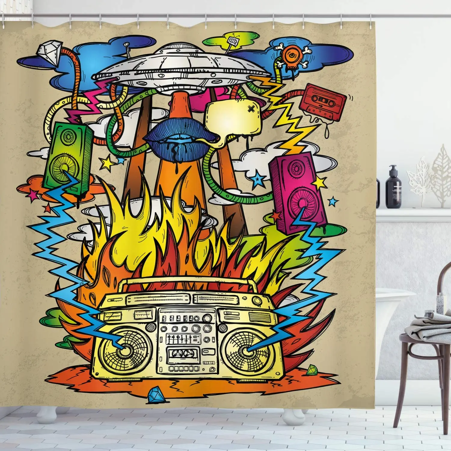 Modern Art Hippie Funk Trippy Objects with UFO Music Box Lips Tapes and Speakers Image Bathroom Décor | Дом и сад