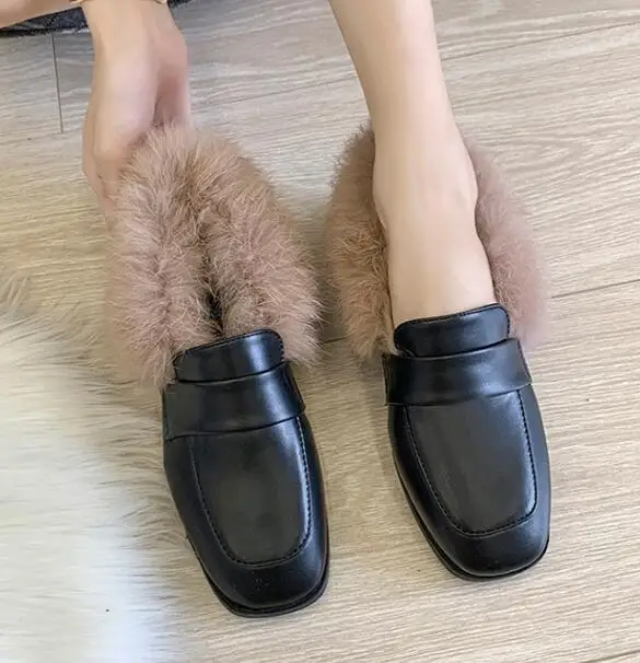 matte black winter warm long plush small leather shoes brown/matte/patent leather square toe slip-on moccasins British student/OL work shoes - Color: matte black