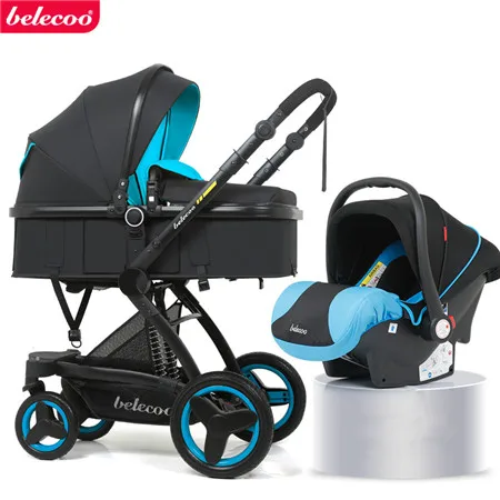 2pcs black and blue Belecoo Роскошная детская коляска 3 в 1, коляска с высоким пейзажем, прогулочная коляска 2 в 1, подходит для отдыха и сидения - Цвет: 2pcs black and blue