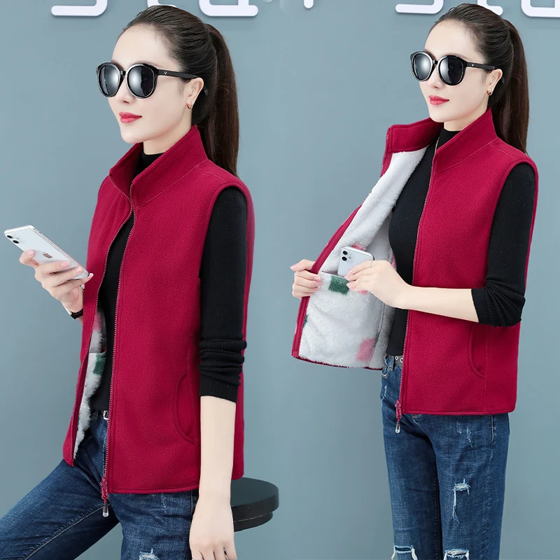 New Women'S Autumn Winter  Thickened Fleece Vest Lady Single Wear, Sleeveless Plush Zipper Stand Collar Cardigan Coat