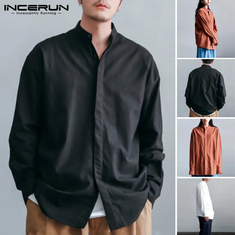 

INCERUN Men Brand Shirt Long Sleeve Stand Collar Cotton Breathable Streetwear Solid Camisas Mens Business Casual Shirts Harajuku
