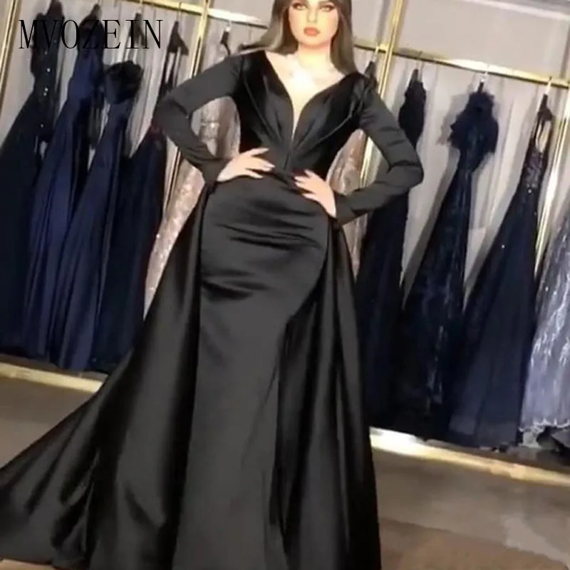 Saudi Arabia Black Evening Dress with Train Long Sleeves V-Neck Satin Long Mermaid Dubai Formal Gown Vestidos de fiesta de noche