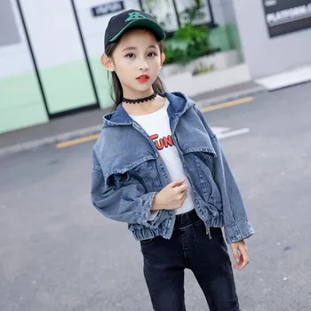 

INS HOT Girls Denim Jacket 5-13 years old Kids Denim Coat Spring and Autumn Large Pocket Hooded Denim Jacket Baby Girl Jacket