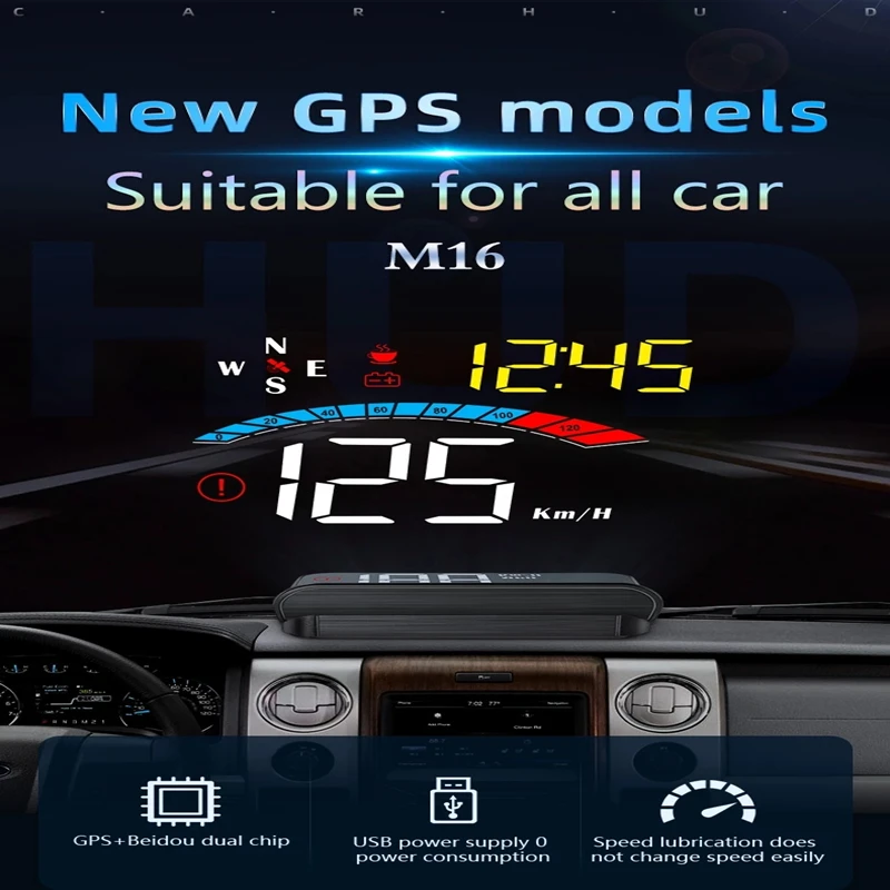 

Автомобильный GPS-дисплей на лобовом стекле M16 HUD, цифровой измеритель скорости, проектор скорости, компас, отображение напряжения км/ч миль/ч