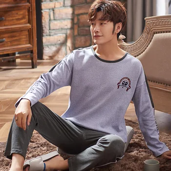 

XIZOU Men Pajama Sets Cotton Male Long Sleeve O-Neck Striped Pyjama Set For Man Autumn Sleepwear Suit Casual Homewear Nightwear