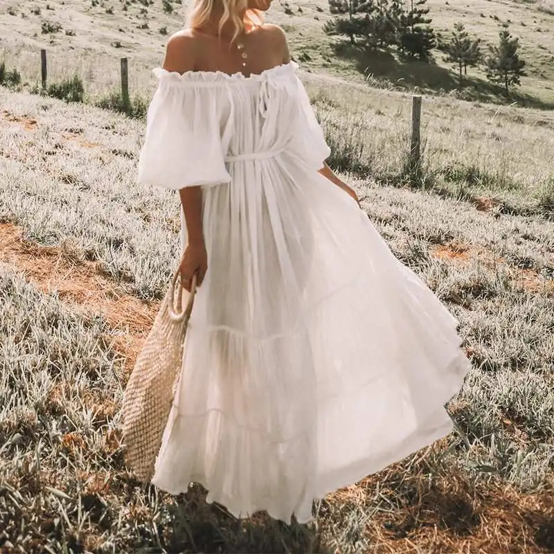 Off White Негабаритных Для женщин длинное платье Летнее сексуальное платье с открытыми плечами, качели вечерние пляжное платье Однотонная повседневная обувь с оборками Макси платье vestidos - Цвет: Off White
