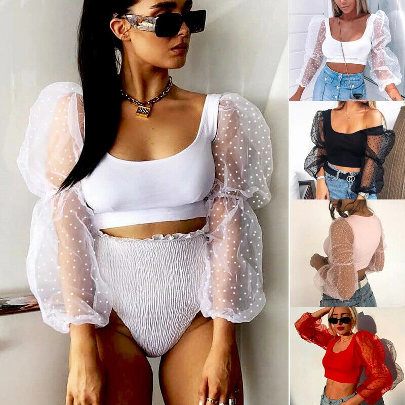 Crop Tops transparentes tul para mujer, Blusa de manga larga con farol de malla transparente, Top corto para mujer, S XL|Blusa| - AliExpress