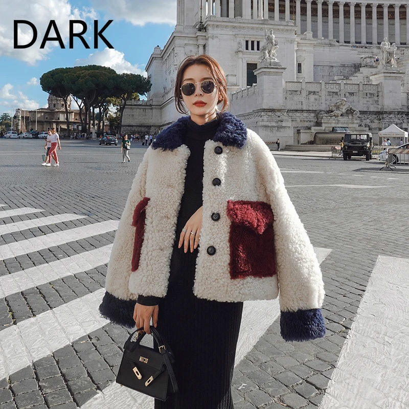 

[DARK] Contrasting Color Lamb Wool Short Coat Female Winter Loose And Thicker Student Small Tall Sheep Shearing Short Coat
