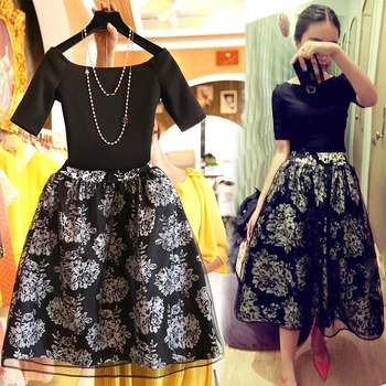 

2 PCS Set Woman Black Shirt Knee-Length Bubble Floral Skirt Slim Female Elegant Clothes