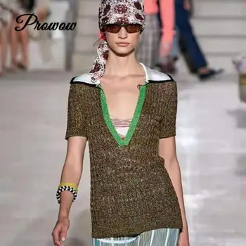 

Runway Summer Fashion White V Lapel Gold Silver Thread Ice Silk Knit Top Pullover Women High Elasticity Sexy Slim Sweater Jumper