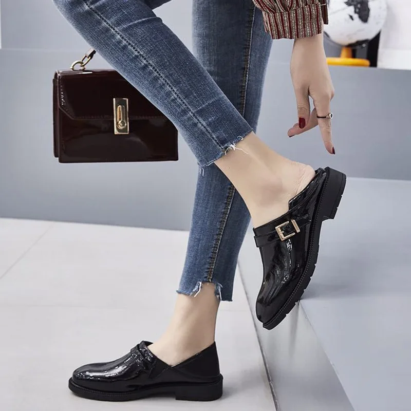 

Leather Shoes New Style WOMEN'S Shoes Casual Shoes round Kit Spring Loafers Genuine Leather Head Small Lazy Shoes Belt Buckle a