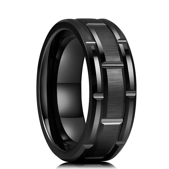 8MM Men's Gold Groove Beveled Edge Stainless Steel Ring Meteorites Inlaid Red carbon fibre Ring Men Wedding Band