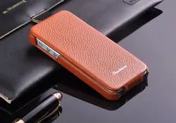 Premium Genuine Leather Vertical Flip Case with Screen Protector - Litchi Texture (Brown)