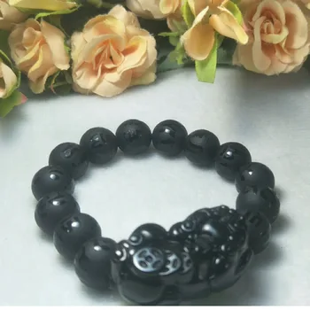 

Natural Obsidian Six character truth Bead Pixiu Bracelet Jewelry Luck Auspicious Amulet Jade Bracelet Fine Jade Jewelry