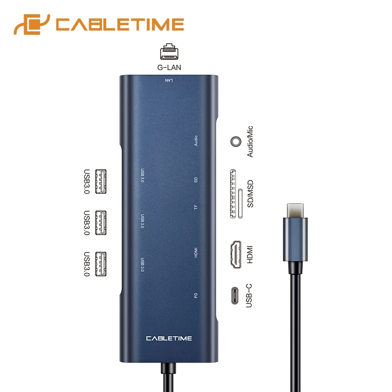 9 in 1 USB HUB Кабельный концентратор USB C к HDMI USB 3,0 SD/TF AUX кардридер PD 3,5 мм адаптер для MacBook Pro Air type C концентратор C254 - Цвет: 9 in 1 USB HUB