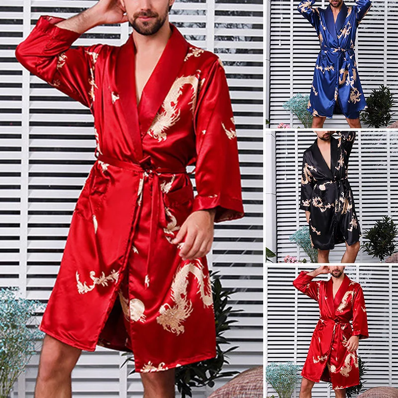 Men's Imitated Silk soft comfortable Night Gown Fashion Printed Long Sleeve Home Bathrobe Night Gown Sleepwear Plus Size