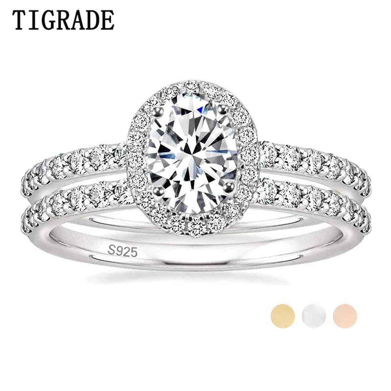 

TIGRADE 1.5CT 925 Sterling Silver Cubic Zirconia Bridal Rings Sets Oval Cut CZ Engagement Rings Wedding Band For Women