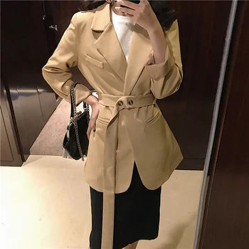 

Streetwear Blazers Women Chic Notched Long Sleeve Jacket with belt Spring Autumn office lady blazers blazer feminino