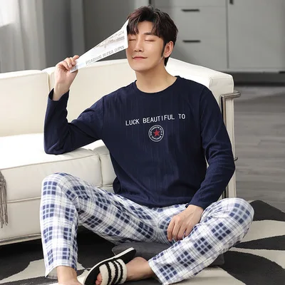 New spring and autumn men's pajamas two-piece pajamas knitted cotton casual loose boys home clothes fashion men's clothing best mens pajamas Men's Sleep & Lounge