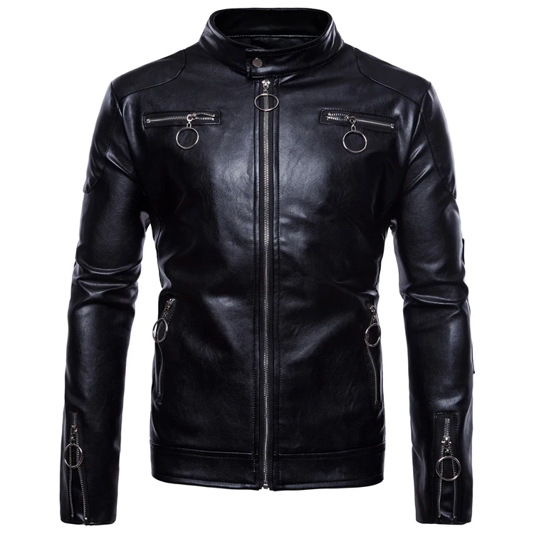 Teenager Men Stand Collar Long Sleeve Leather Jacket, Zipper Regular Cardigan Leather Coat